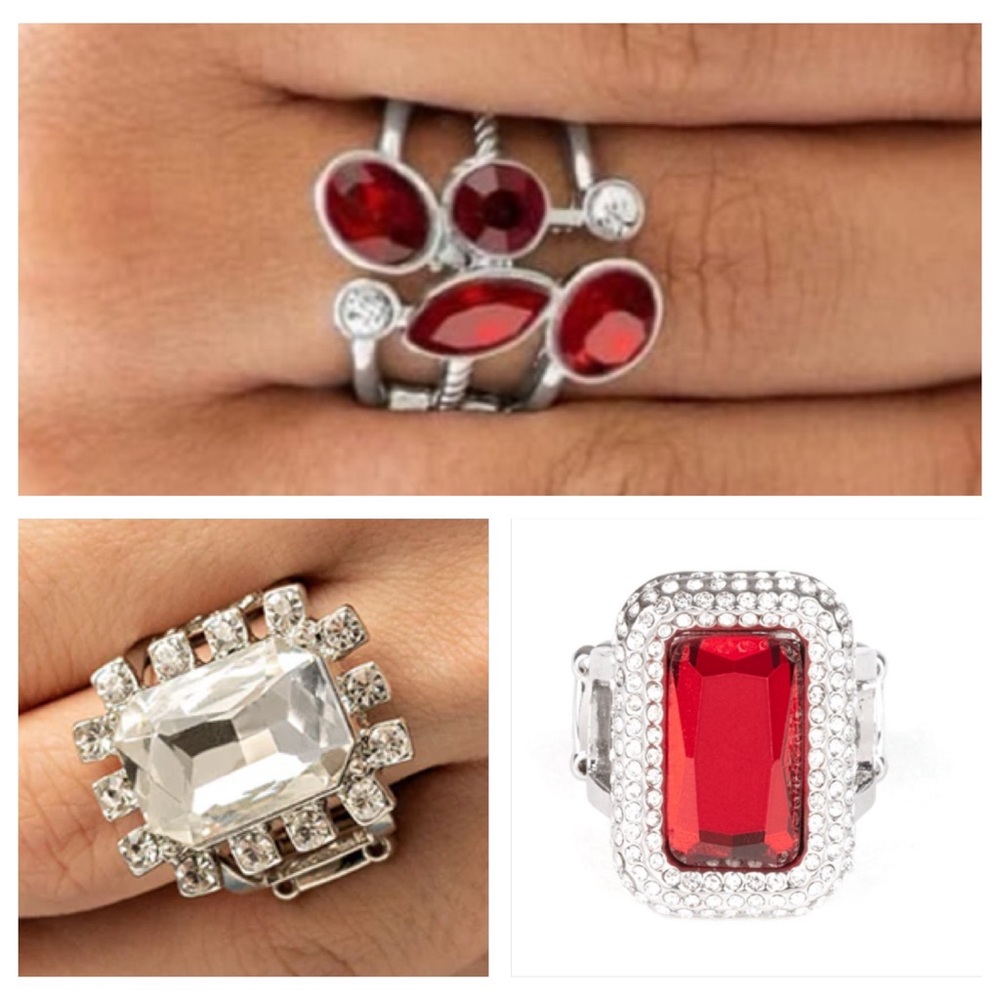 Ruby red and sparkling crystal rhinestone rings -set of 3